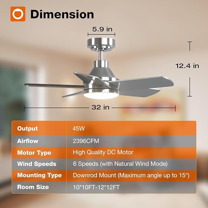addlon Ceiling Fans with Lights, 32 inch Nickel Ceiling Fan with Light and Remote Control, Reversible, 3CCT, Dimmable, Noiseless, Small Ceiling Fan for Bedroom, Farmhouse, Indoor/Outdoor Use