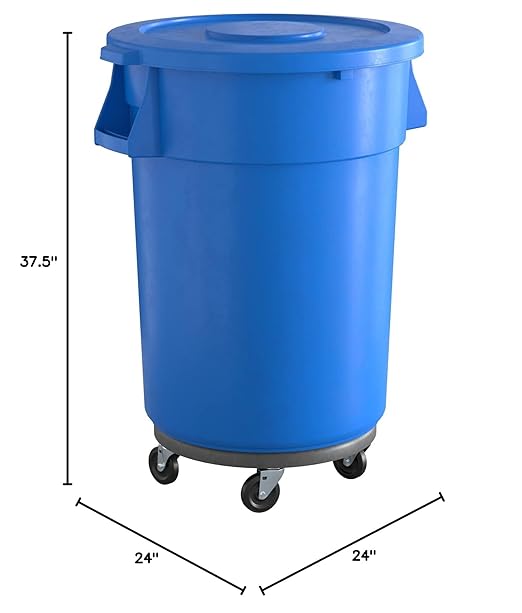 44 Gallon Blue Round Commercial Trash Can with Lid and Dolly