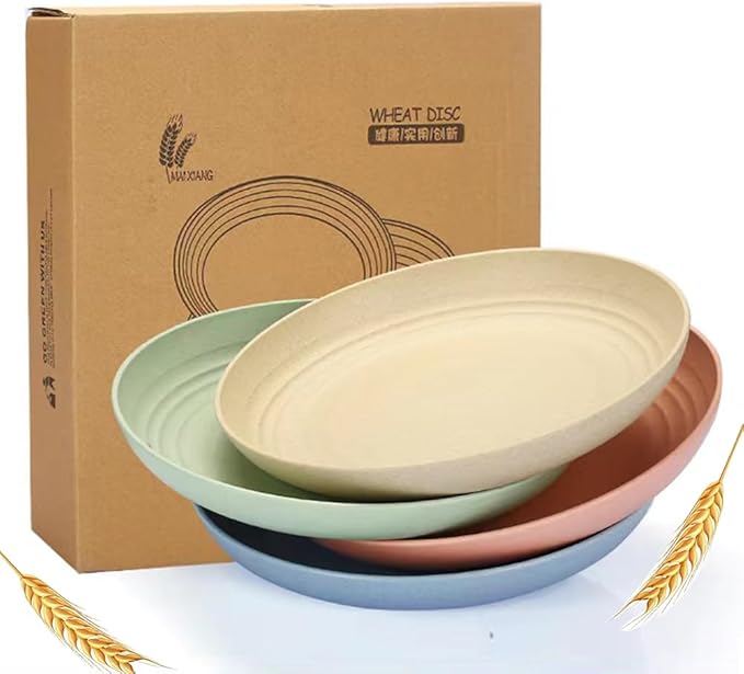 9 Inch Unbreakable Wheat Straw Plates - Reusable Plate Set - Dishwasher & Microwave Safe - Dinner Dishes Lightweight Plates Salad Kids Adult Plate for Kitchen Camping - BPA Free (Plate-9in)