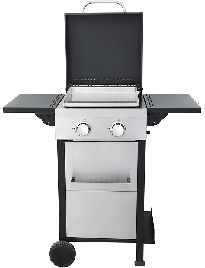 2-Burner Propane Gas BBQ Grill, SS Plancha, 24600BTU Output With Wire Enamel Cooking Grids For Outdoor Barbecue, Stainless Steel Foldable Side Table, Hanging Basket,Black Silver