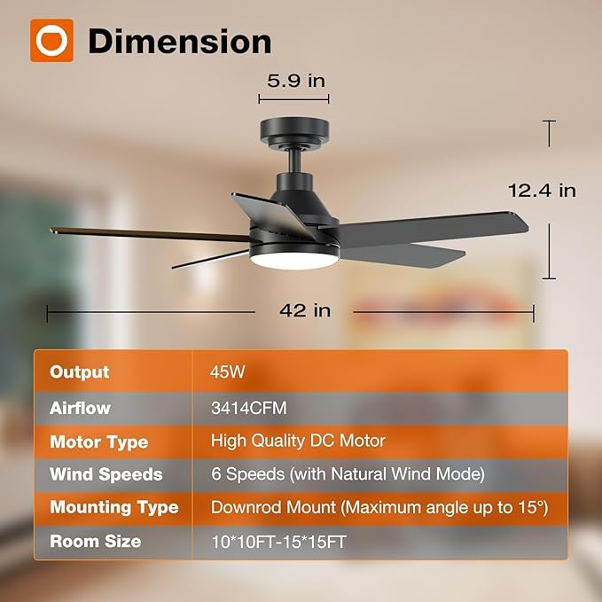 addlon Ceiling Fans with Lights, 42 inch Black Ceiling Fan with Light and Remote Control, Reversible, 3CCT, Dimmable, Noiseless, Small Ceiling Fan for Bedroom, Farmhouse, Indoor/Outdoor Use