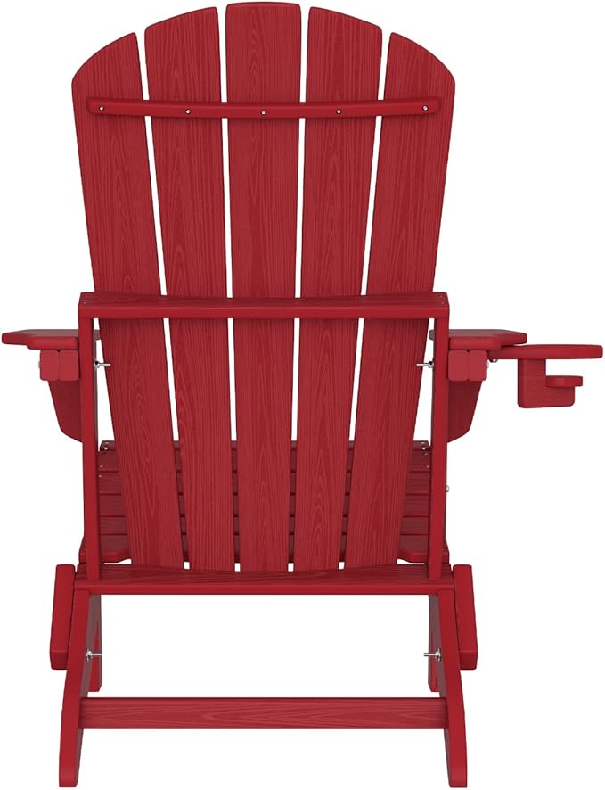 Folding Adirondack Chair Set of 2,Cup Holder,Wooden Textured,Heavy All-Weather HDPE Outdoor Chairs, Poolside Backyard Lawn,Red