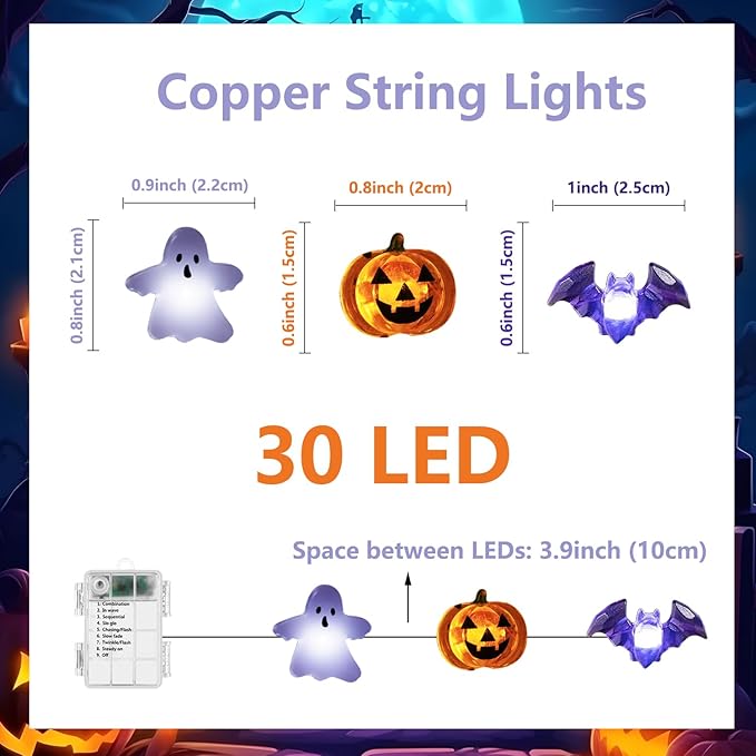 Halloween Lights White Ghost Purple Bat Orange Pumpkin, 30 LED Copper String Lights with Remote Control Battery Operated Fairy Lights for Cosplay Party, Gothic Halloween Decor (White, Purple, Orange)