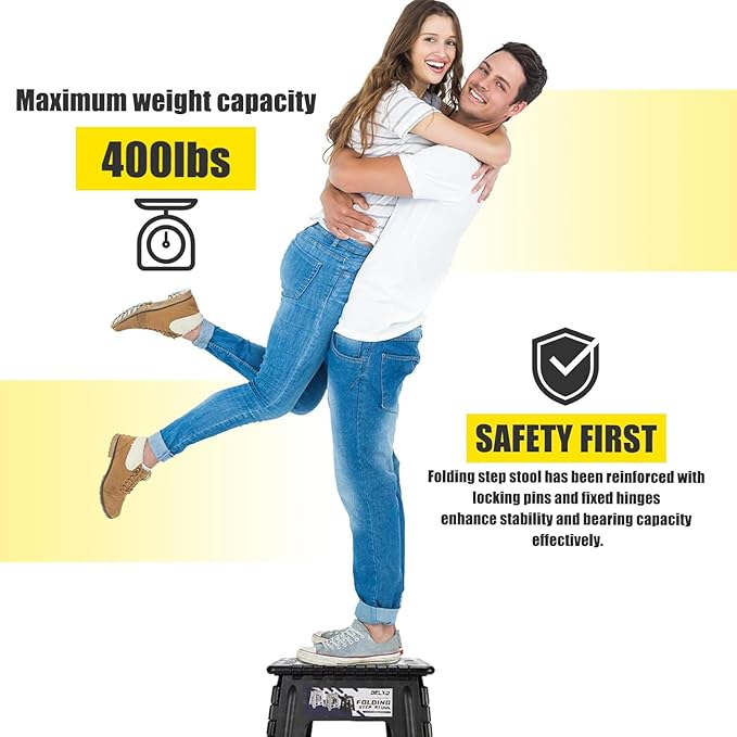 Delxo 16 Inch Folding Step Stool,Foldable Stool for Adults with Safety Lock,Portable Collapsible Plastic Stepstool,Non Slip Folding Stools for Kitchen Bathroom Bedroom Up to 400LBS,(Black 1PC)