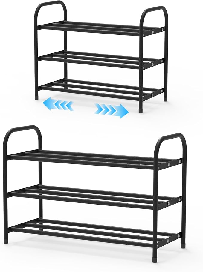 3-Tier Expandable Shoe Rack for Closet, Shoe Organizer,17”-31” Adjustable Shoe Rack,Suitable for Small Spaces,Small Front Door Wardrobe Shoe Stand,Sturdy Metal,Black
