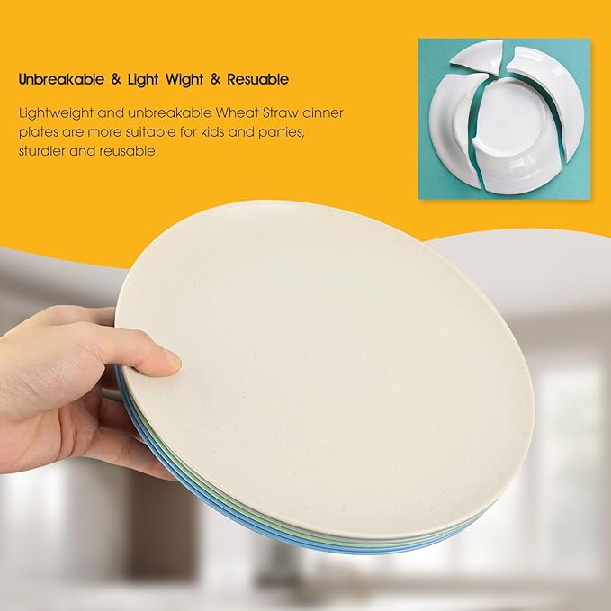 Dinner Plates Set of 8, Microwave and Dishwasher Safe Wheat Straw Dinnerware Plates for Kitchen, Unbreakable Kids Plates with 4 Colors, Suitable for picnics and party. (9 inch)