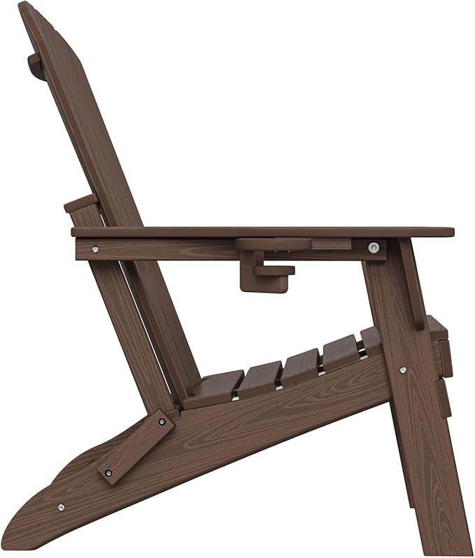 Folding Adirondack Chair Set of 2, Cup Holder,Wooden Textured ,Heavy All-Weather HDPE Comfortable Set Poolside Backyard Lawn Coffee