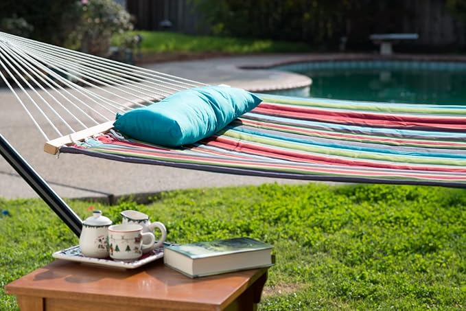 Lazy Daze Hammocks 12 FT Quilted Fabric Double Hammock with Spreader Bars and Detachable Pillow, 2 Person Hammock for Outdoor Patio Backyard Poolside, 450 LBS Weight Capacity, Blue&Red Stripes