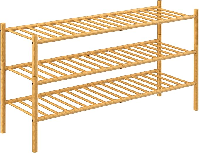 3-Tier Bamboo Long Shoe Rack, Free Standing Wood Shoe Shelf Storage Organizer for Closet Entryway Stackable 35"x11"x20" (Natural)