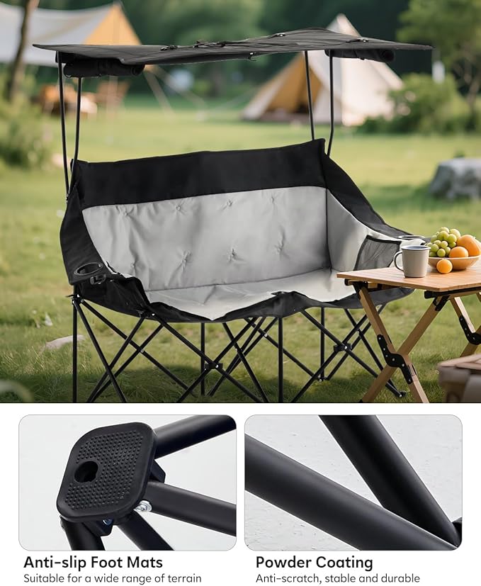 CLIPOP Double Camping Chair with Canopy, Portable Outdoor Folding Chair with Cup Holders, Side Pocket, Oversized Beach Chair with Canopy Shade for Lawn Patio Hiking, Black