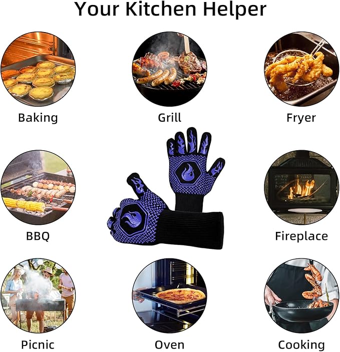 BBQ Fireproof Gloves, Grill Cut-Resistant Gloves 1472°F Heat Resistant Gloves, Non-Slip Silicone Oven Gloves, Kitchen Safe Cooking Gloves for Oven Mitts,Barbecue,Cooking, Frying, Blue(2 Pairs)
