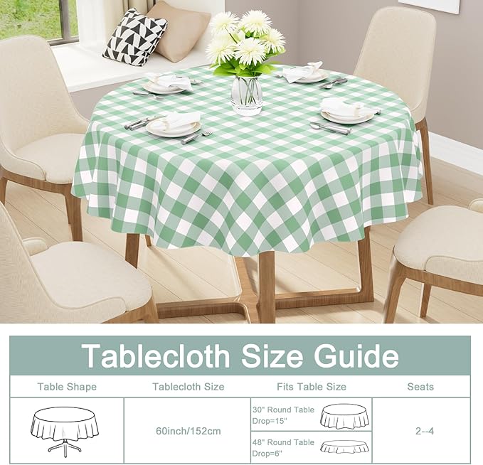 misaya Round Waterproof Vinyl Table Cloth, Buffalo Flannel Backed Tablecloth, Wipeable Plastic Table Cover for Dinner, Kitchen, Picnic (60", Sage Green and White)