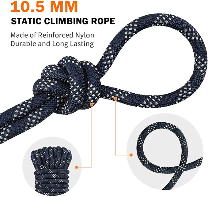 AOLEBA 10.5 mm Static Climbing Rope 10M(32ft) 20M(64ft) 30M(96ft) 50M(160ft) 70M(230ft) Outdoor Rock Climbing Rope, Escape Rope Ice Climbing Equipment Fire Rescue Parachute Rope