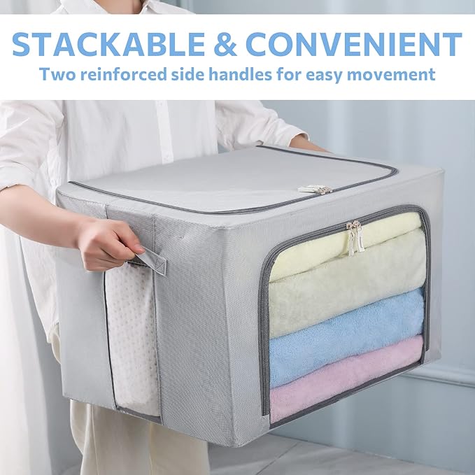 3Pack Frame Storage Box - Clothes Storage Bin Bags Oxford Fabric Foldable Stackable Container Organizer Set with Clear Window & Carry Handles Large Capacity (Grey, Large-66L)