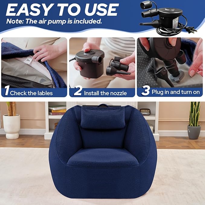 HABUTWAY Inflatable Bean Bag Chairs for Adult Blow up Chair Portable Inflatable Bean Bag Couch w/Electric Air Pump,Handle & Side Pocket for Movie Night Reading Gaming Living Room - Dark Blue