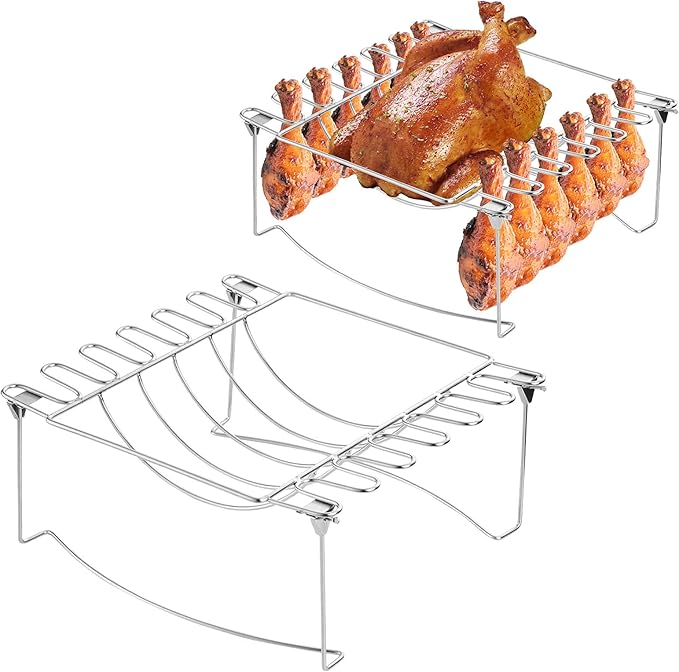 3-in-1 Rib Rack for Smoking & Chicken Leg Rack for Grill - Holds 6 Large Ribs, 12 Chicken Leg Wing, 1 Whole Chicken - Premium Foldable Space-Saving Chicken Drumstick Rib Racks for Grilling & Smoking