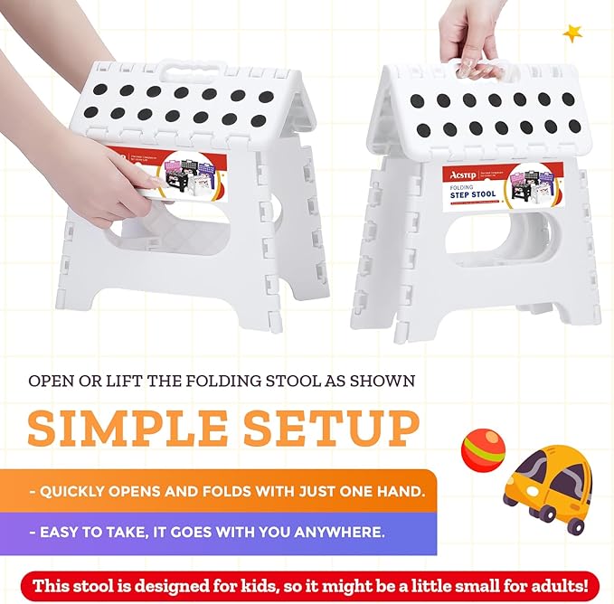ACSTEP 7.5 Inch Folding Step Stool Foldable Stool Height Kids Step Stool, 176 lb Capacity Plastic Collapsible Stool, White Small Stepping Stools, Foot Stools Suitable for Kitchen