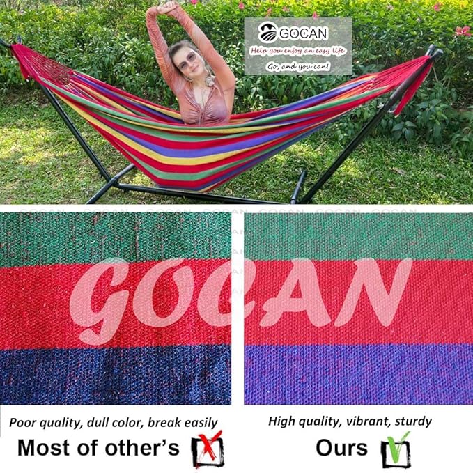 Brazilian Double Hammock 2 Person Extra Large Canvas 250x160cm Total Length 350cm Load 500lb Cotton Hammock for Garden Outdoor and Indoor Rainbow(98 * 65'')