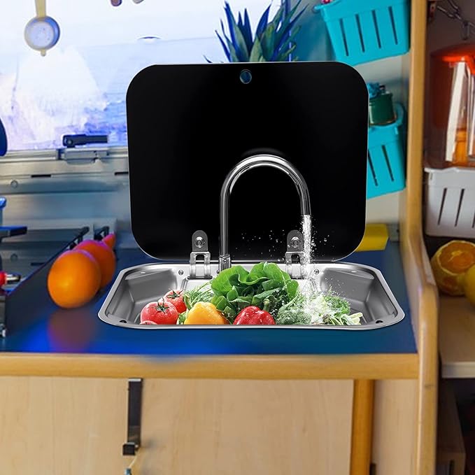 Folding RV Sink & Faucet Combo W/Lid, Bar Kitchen Sink 15 x 17 In Undermount Drop-in Sinks 304 Stainless Steel Single Bowl Workstation Sink Caravan Camper Van Boat Trailer Sink Hand Wash Basin