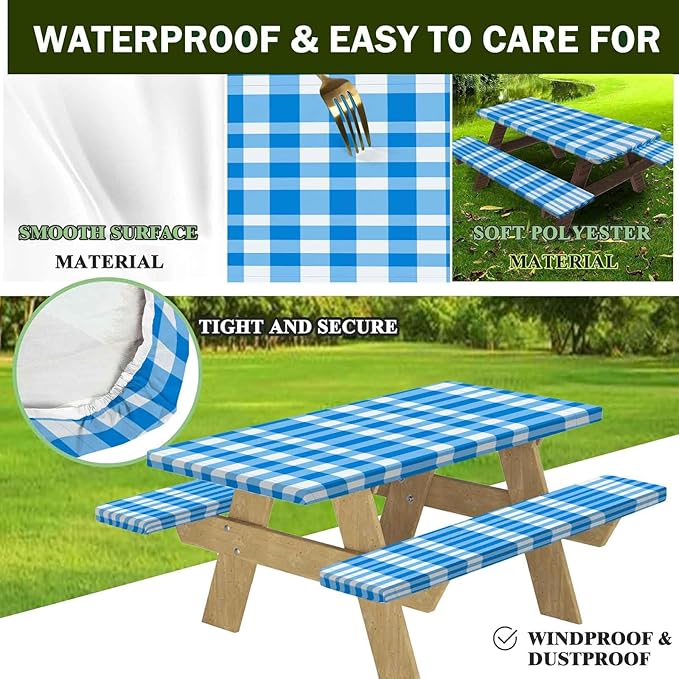 CAPSCEOLL Fitted Picnic Table Cover with Bench Covers with Elastic 6Ft Waterproof Camping Picnic Table Cover Cloths for Outdoors Camping Tablecloth with Drawstring Bag, 72X30in, Blue Checkered
