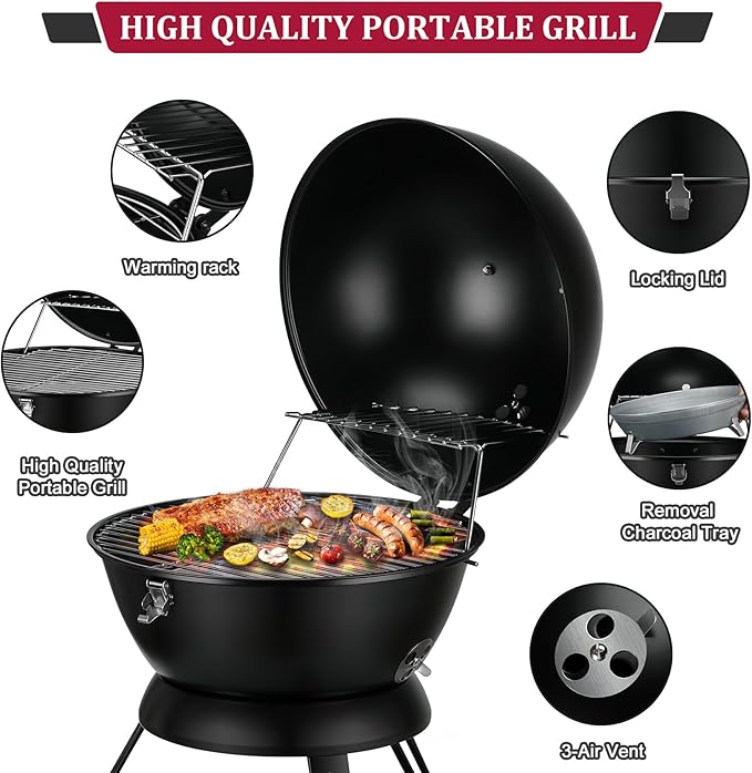 14inch Portable Charcoal Grill with Warming Rack, Small bbq Charcoal Grill Tabletop Foldable Grills for Backyard, Camping, Black