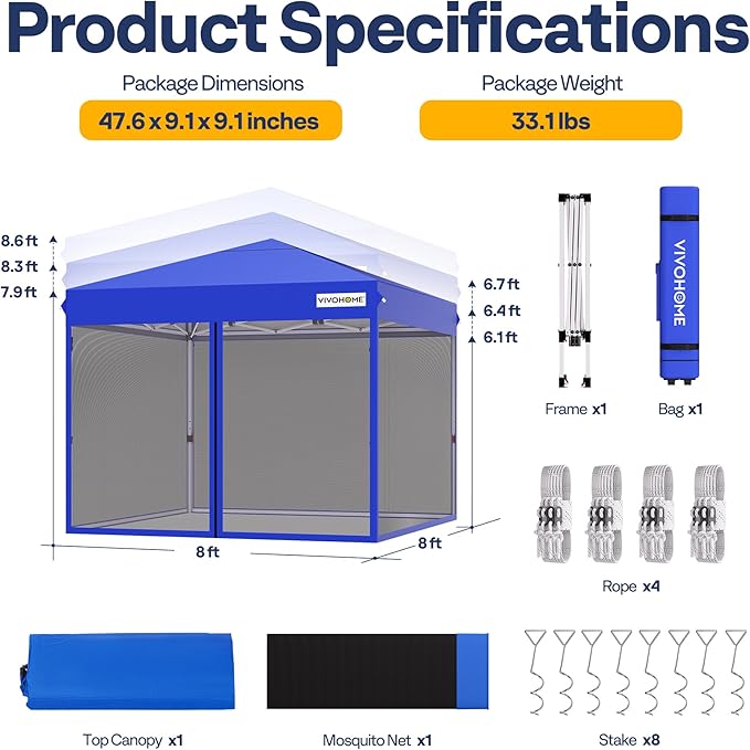 VIVOHOME 8x8ft Easy Pop-Up Canopy, Outdoor Screen Tent with Mosquito Netting, 2 Zipper Doors, and Roller Bag for Yard Camping Picnic Party Events, Blue
