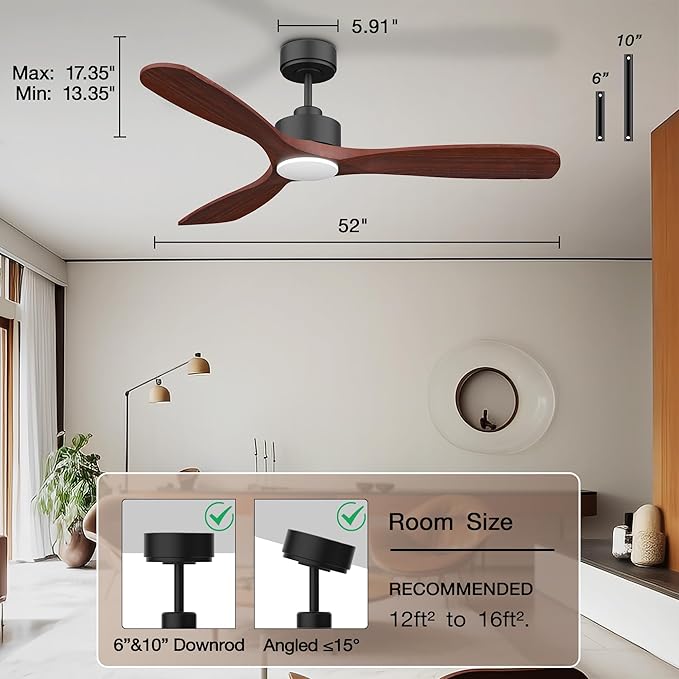 52” Wood Smart Ceiling Fans with Lights Remote,Quiet DC Motor,Outdoor Indoor Ceiling Fan,Voice Control via WIFI Alexa App,Dimmable,Modern Black Lighting& Ceiling Fan for Bedroom Patio Porch