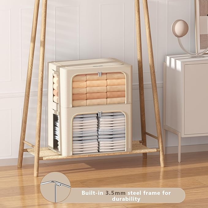 3Pack Frame Storage Box - Clothes Storage Bin Bags Oxford Fabric Foldable Stackable Container Organizer Set with Clear Window & Carry Handles Large Capacity (Beige, Large-66L)