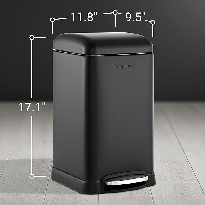 happimess HPM1012B Betty Retro Mini 3.2-Gallon Step-Open Trash Can with Soft-Close Lid, Modern, Minimalistic, Fingerprint Proof for Home, Kitchen, Laundry Room, Office, Bedroom, Bathroom, Black