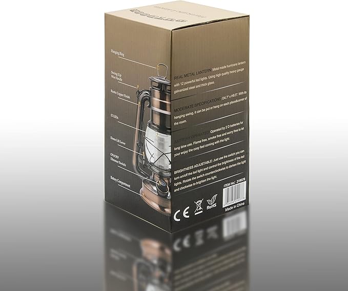 YAKii LED Vintage Lantern Metal Hanging Hurricane 12 LED Dimmer Switch Cold White Battery Operated Power Outage Indoor Camping Lighting Outdoor Brooklyn Decoration(Copper)