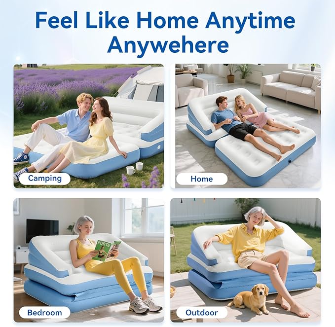 Full Size Air Mattress for Inflatable-Portable Blow Up Mattress Sofa Bed with Flocked top-Double Air Couch for Tent Camping(Lake Blue)