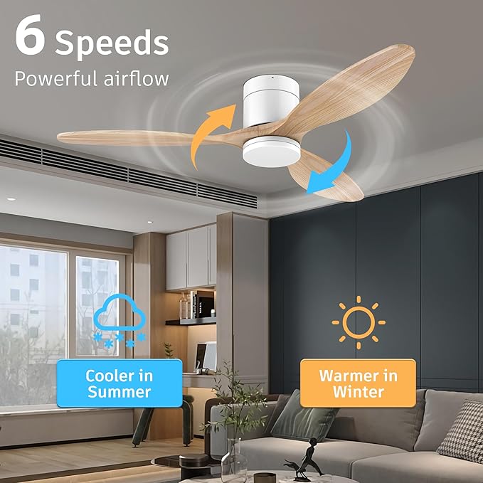 52" Smart Wood Ceiling Fans with Light and Remote,Low Profile Outdoor Indoor Ceiling Fan with Dimmable Light and Quiet DC Motor,Control with Alexa Google Voice App,for Modern Flush Mount Bedroom Patio