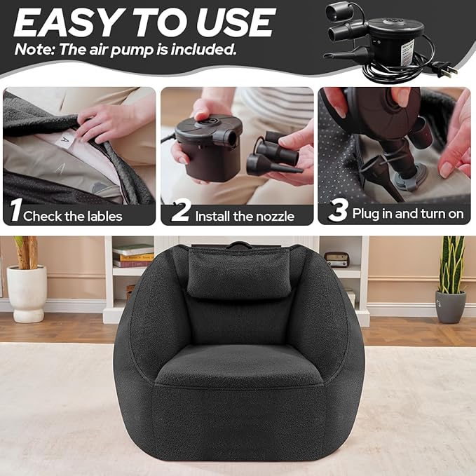 HABUTWAY Inflatable Bean Bag Chairs for Adult Blow up Chair Portable Inflatable Bean Bag Couch w/Electric Air Pump,Handle & Side Pocket for Movie Night Reading Gaming Living Room - Dark Grey