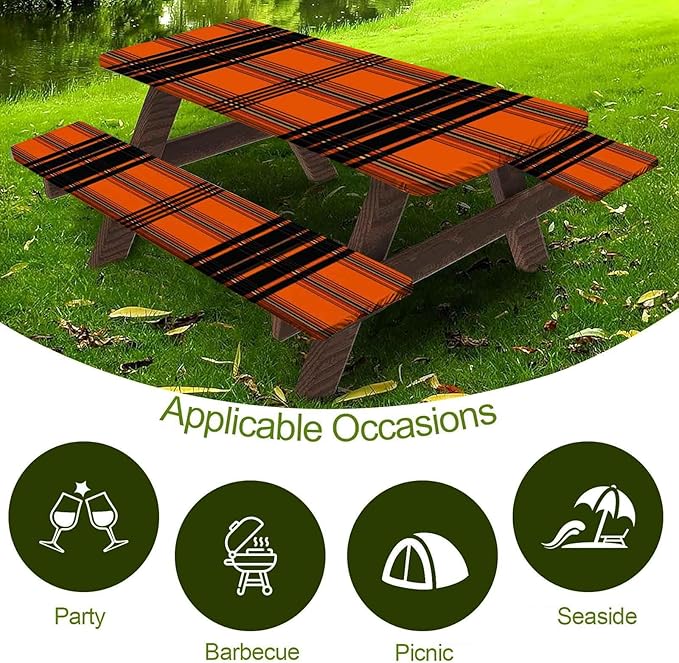 CAPSCEOLL Fitted Picnic Table Cover with Bench Covers with Elastic 6Ft Waterproof Camping Picnic Table Cover Cloths for Outdoors Camping Tablecloth with Drawstring Bag, 72X30in, Orange Plaid