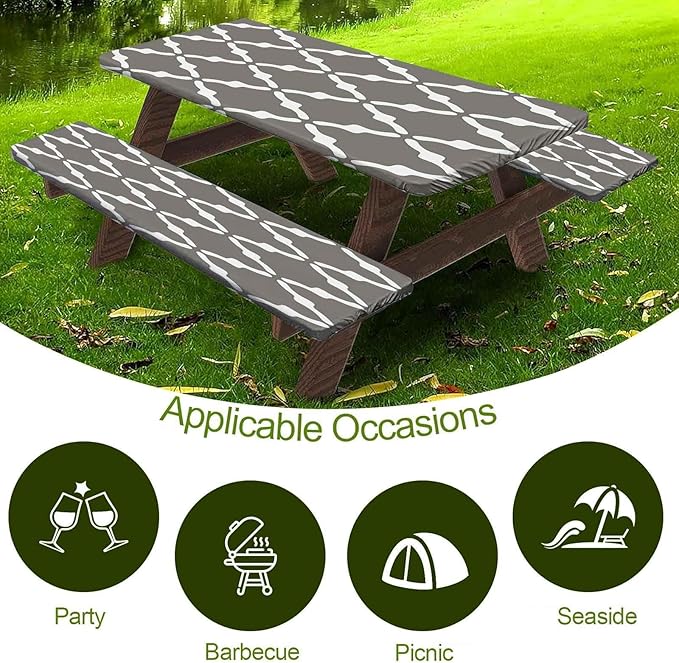 CAPSCEOLL Fitted Picnic Table Cover with Bench Covers with Elastic 6Ft Waterproof Camping Picnic Table Cover Cloths for Outdoors Camping Tablecloth with Drawstring Bag, 72X30in, White Grey