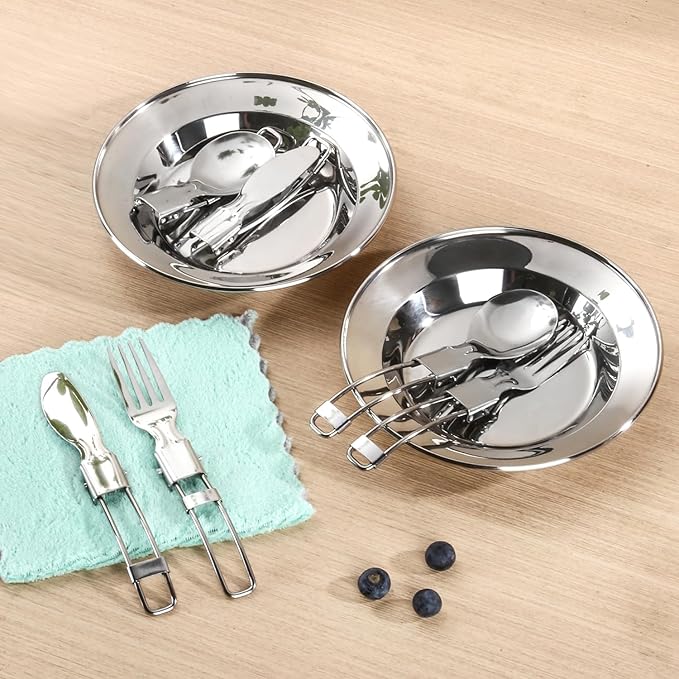 304 Stainless Steel Camping Cookware Set - Mess Kit with Pots, Pans, Kettle, Plates, Forks, Knives, Spoons for 2 People, Perfect for Camping, Picnic, RVs