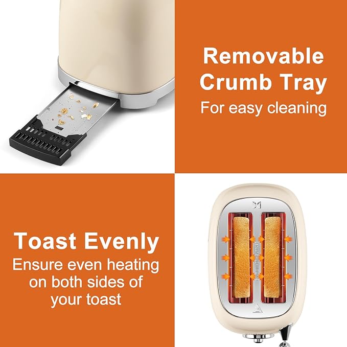 CUSIMAX Toaster 2 Slice with Extra Wide Slots for Bagels, Stainless Steel Retro Toaster with 6 Toast Settings and 4 Functions, Bagel, Cancel, Defrost & Reheat, Removable Crumb Tray, Cream