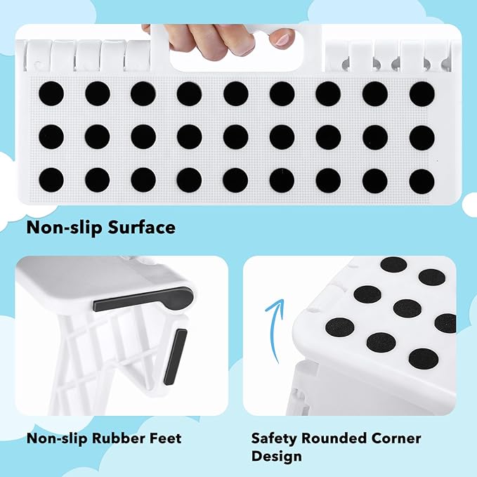 ACKO Folding Step Stool 9 Inch 300 lb Capacity, Plastic Foldable Step Stools for Kids and Adults, Folding Stools Suitable for Kitchen, Stepping Stool with Handle White 1PC