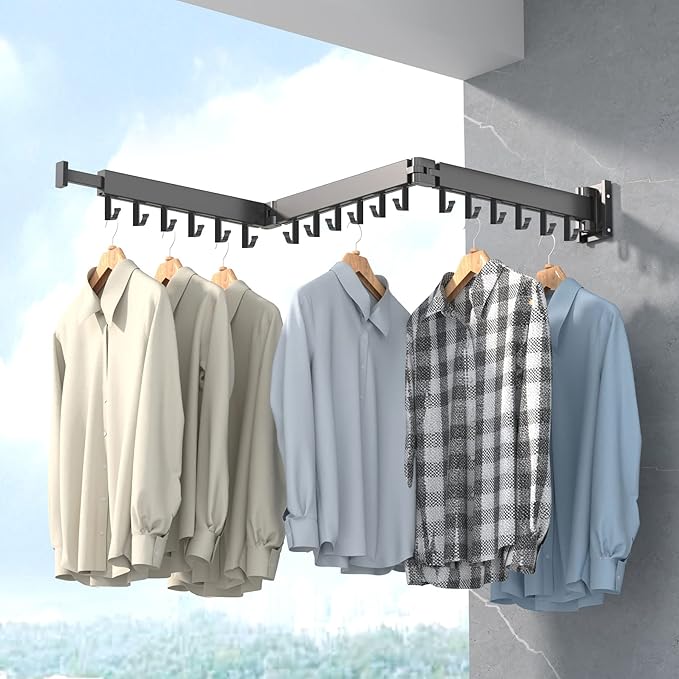 Clothes Drying Rack Wall Mounted,Laundry Rack Wall Wount,Drying Rack Clothing for Laundry,Retractable Dryer Racks,Wall Mounted Drying Rack Collapsible, Black, Sandy Coating,3z-b01