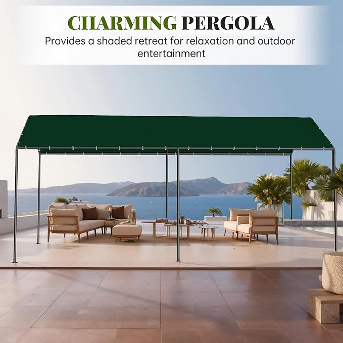 Carport, 10‘ x 20’ Heavy Duty Portable Garage All-Season Car Canopy w/Removable Sidewall & Doors, Carport Canopy Party Tent w/Water-Resistant Tarp for Backyard (Green, 10' x 20' /no Side)