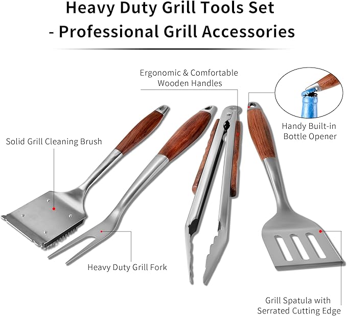 FJNATINH Heavy-Duty Grilling Accessories Rose Wooden BBQ Grilling Tools Set,Outdoor Grill Set with Spatula, Fork & Tongs,Essential Accessories for Barbecue & Grill. Ideal Gift for Men