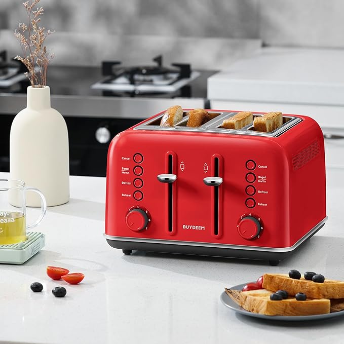 BUYDEEM DT640 4-Slice Toaster, Extra Wide Slots, Retro Stainless Steel with High Lift Lever, Bagel and Muffin Function, Removal Crumb Tray, 7-Shade Settings,Red