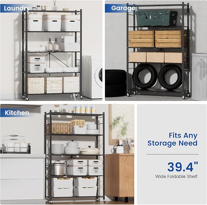 ALANNG 39.4" Wide Folding Storage Shelves with Wheels, Adjustable Metal Shelving Unit, Standing Shelf Organizer for Closet Kitchen Garage Laundry Pantry (Black,1 Pack)