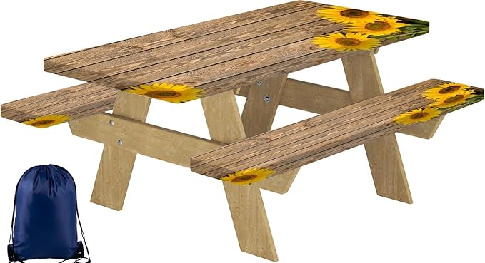 CAPSCEOLL Picnic Table Cover with Bench Covers Waterproof Camping Tablecloth All-Weather Outdoor Table Protector with Drawstring Bag for Camping Essentials, 72X30in, Wooden Sunflowers