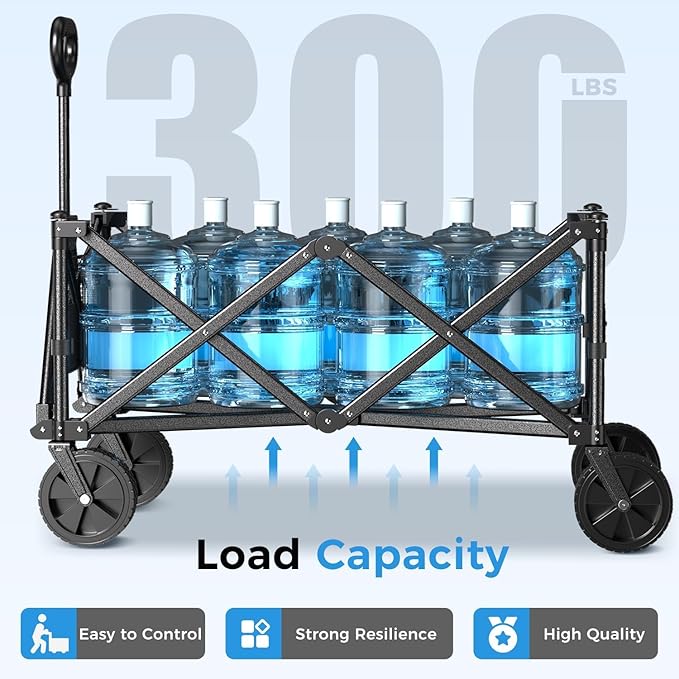 Collapsible Wagon Cart Foldable with 300lbs Load-Bearing, Heavy Duty Folding Wagons Carts with All Terrain Wheels, Utility Beach Wagon for Outdoor Garden, Camping Shopping Sports,U-2 Blue