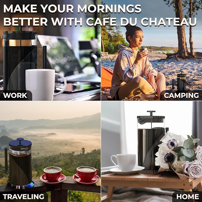 Cafe Du Chateau Stainless Steel French Press Coffee Maker - 34oz Insulated Coffee Press with 4-Level Filtration, BPA Free, Durable Glass, Great for Tea