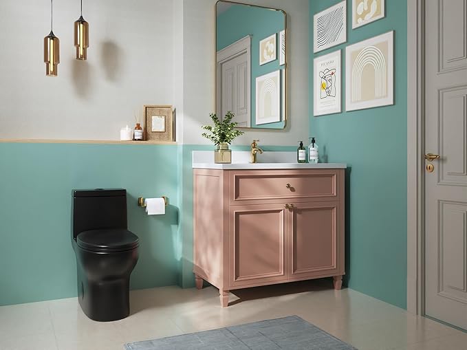 DeerValley DV-1F026B Elongated One Piece Toilet, Dual Flush 1.1/1.6 GPF Toilet with Comfortable Seat Height, Powerful & Quiet Modern Standard Toilet for Bathroom, 12" Rough-In