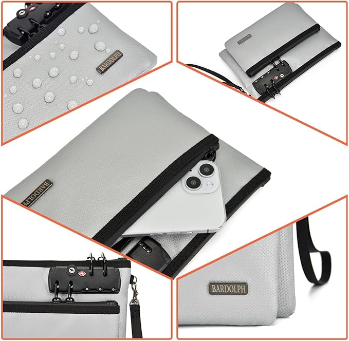 Fireproof Money Bag with Lock, Double layer Cash Bag BankBag for Cash, Valuable StorageBag,Fireproof Safe Box Money Pouch with Zipper (silvery, Small)