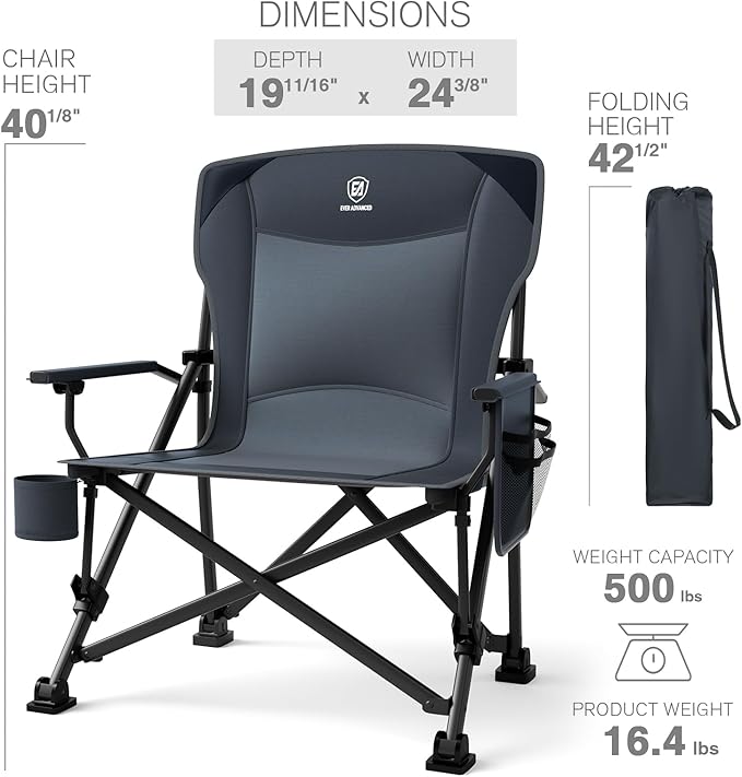 EVER ADVANCED Oversized Folding Camping Chair for Adults, Heavy Duty Lawn Chair with Side Pockets, Portable Collapsible Quad Chair for Outside, Support Up to 500lbs