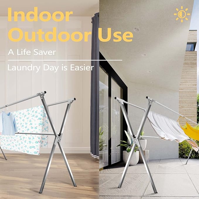 URYAN 63 Inches Clothes Drying Rack, Heavy Duty Stainless Steel Laundry Drying Rack Folding Indoor Outdoor, Portable Drying Rack Clothing, Free-Standing Laundry Stand with 20 Windproof Hooks